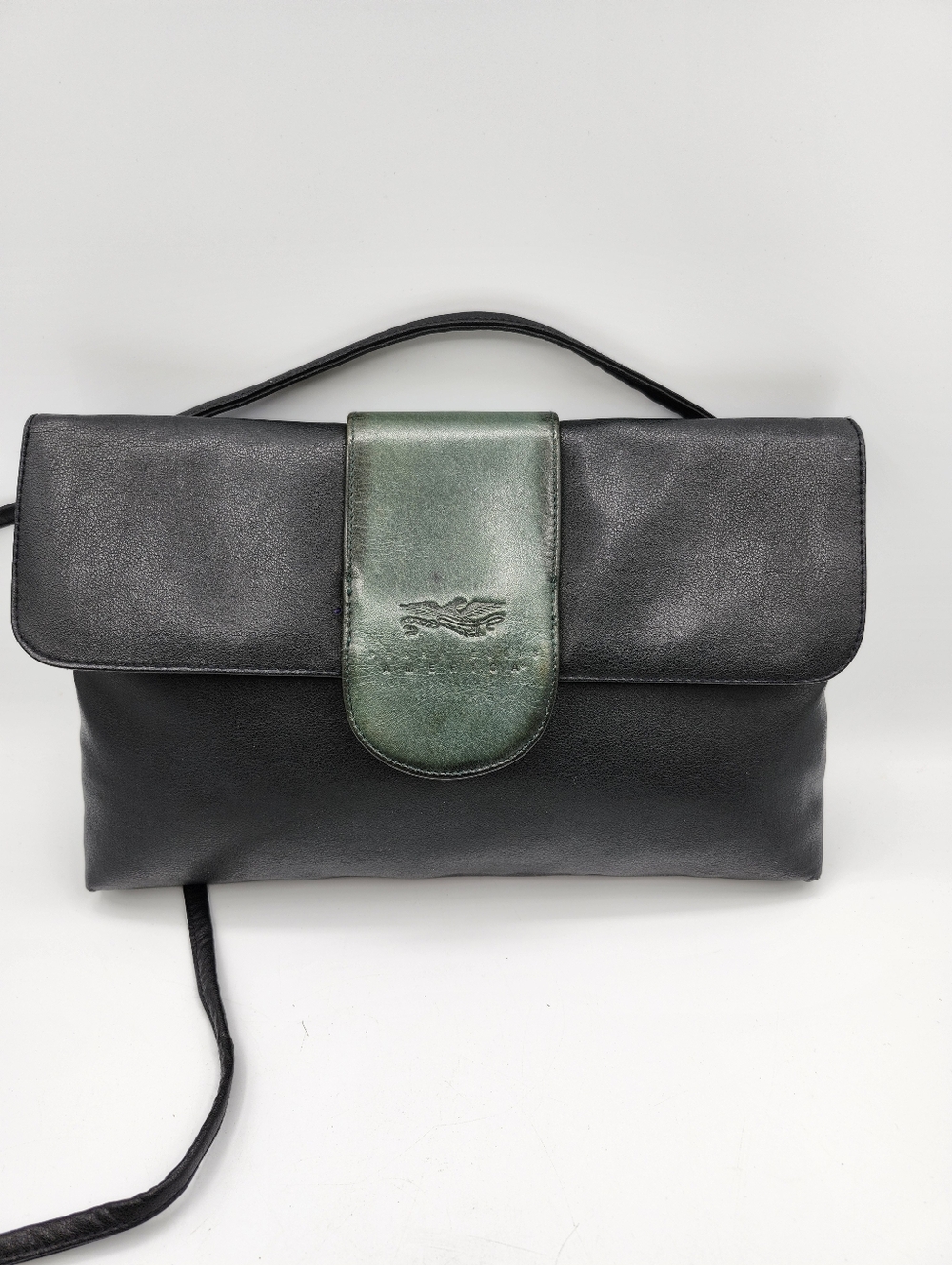 American Perry Ellis Black Leather Crossbody Bag with Green Tab Accent